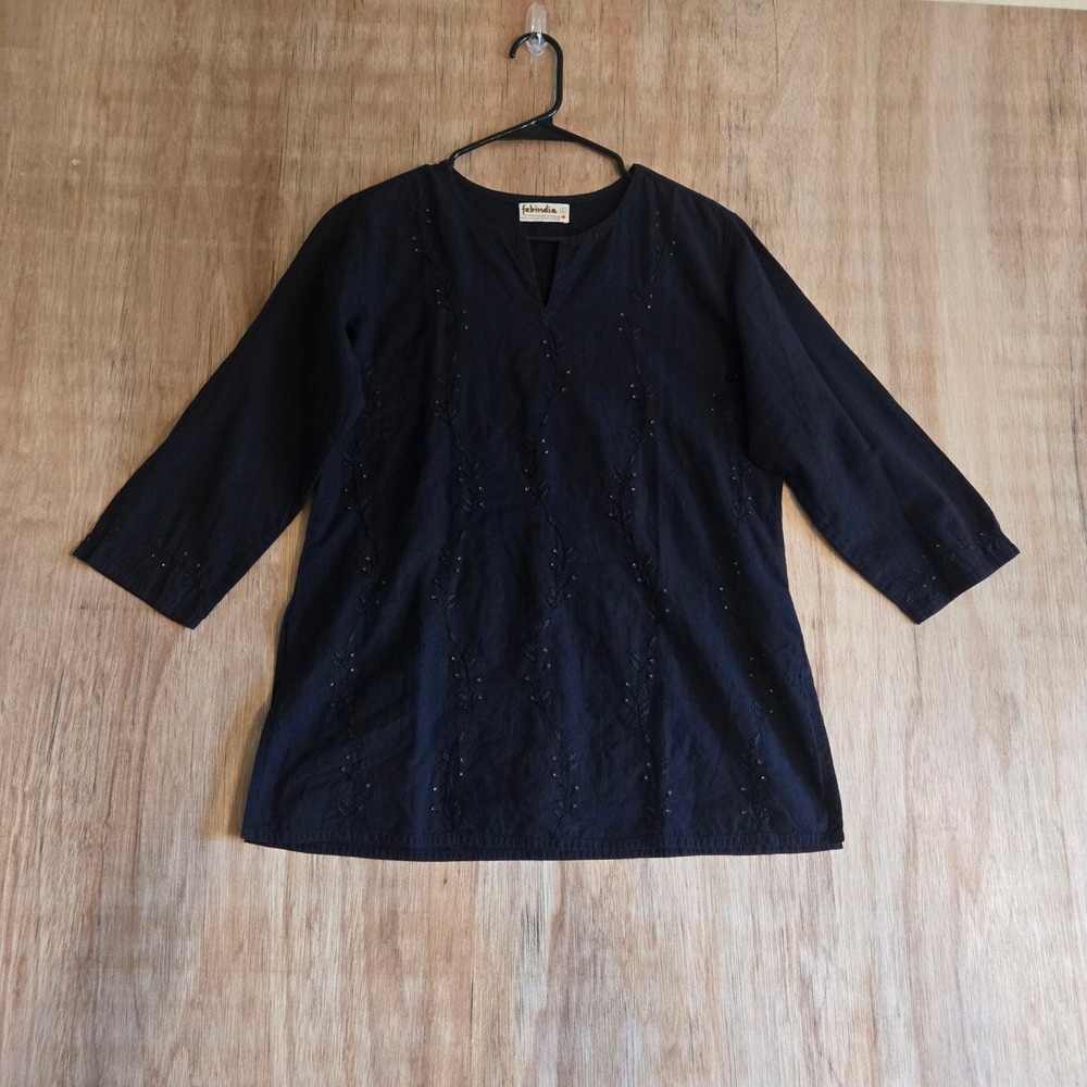 Fabindia Womens Cotton Indigo Embroidered Tunic Top 3/4 Sleeve Size L